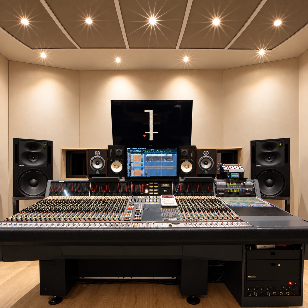 La régie du Studio A avec sa grande console et ses enceintes de monitoring